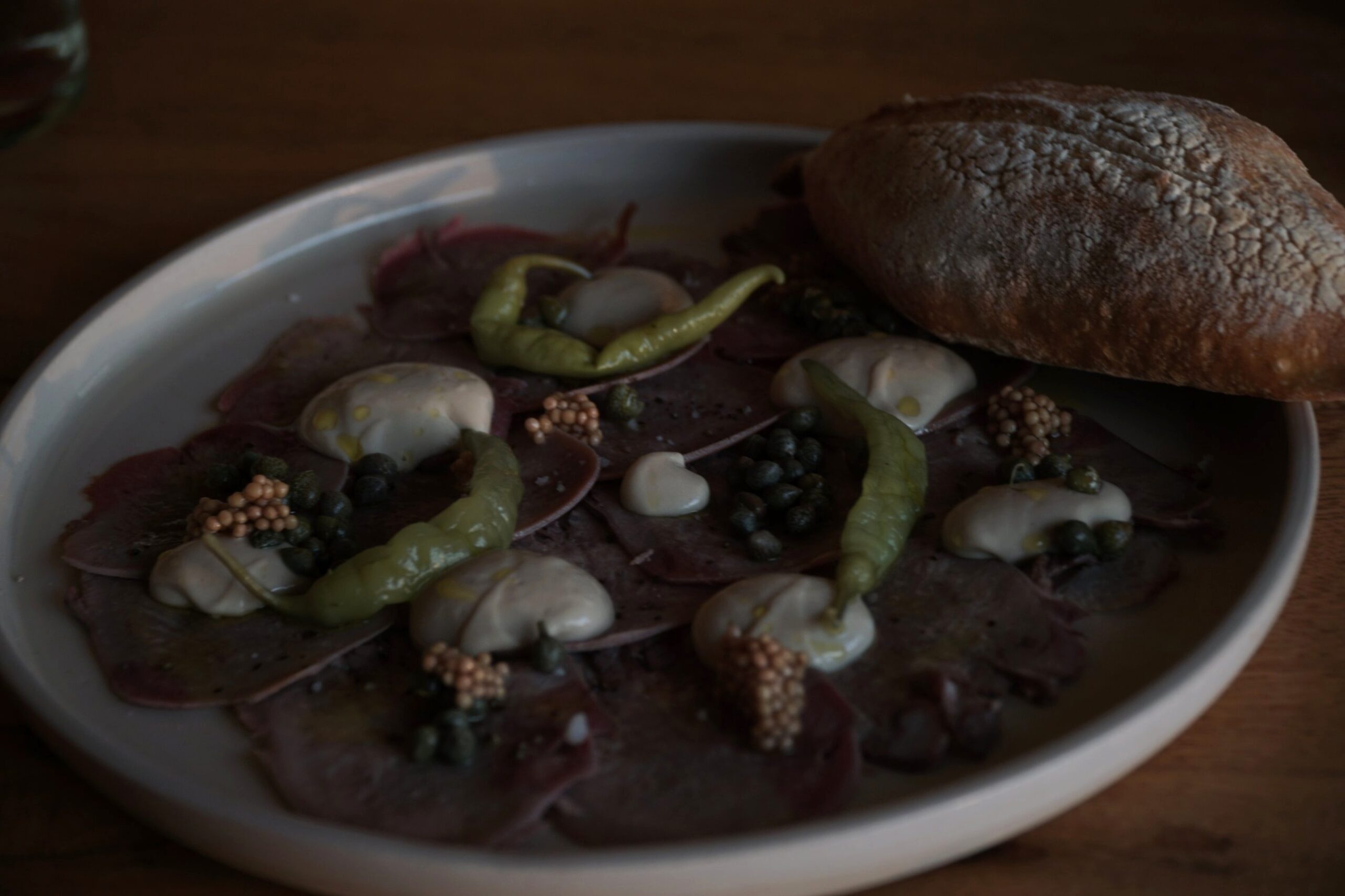 Beef tongue carpaccio at La Bóveda restaurant, Casona Sforza, Oaxaca
