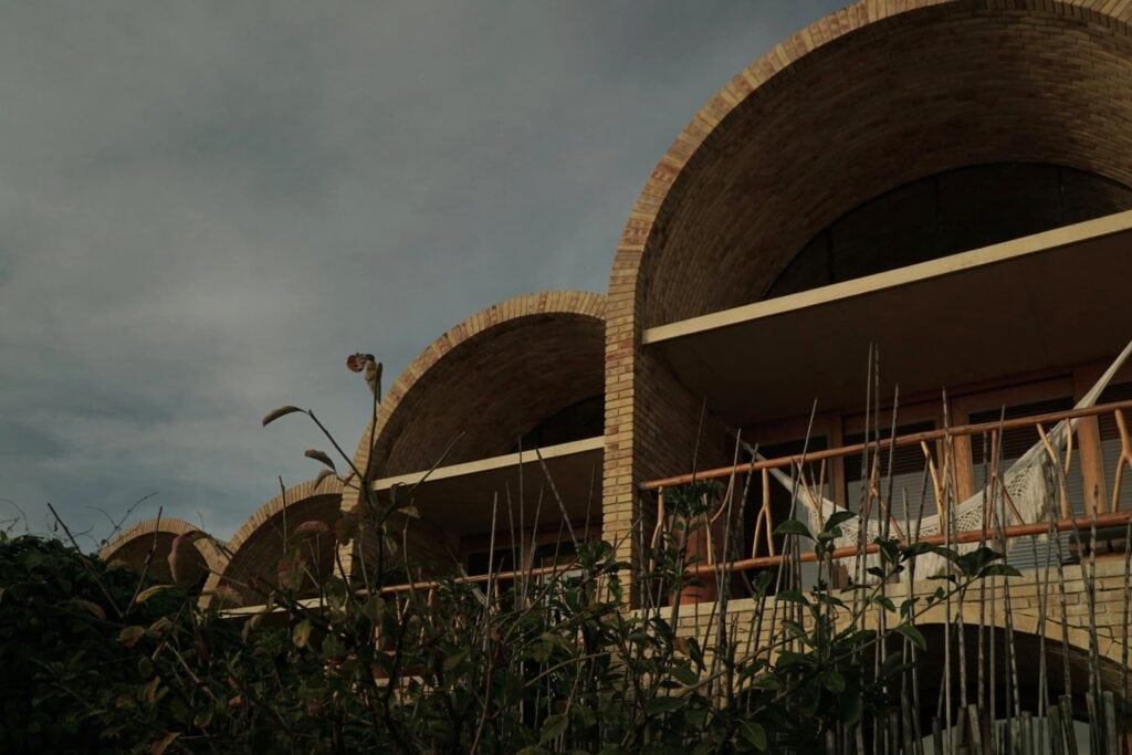 Alberto Kalach's brick barrel vaults at Casona Sforza, seen from the garden